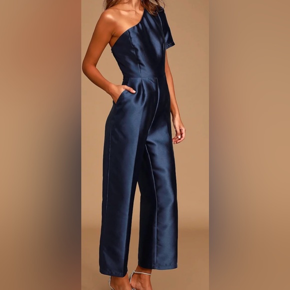 Lulus Pants - NWT LULU’s sOne-Shoulder Navy culotte Satin Jumpsuit size S